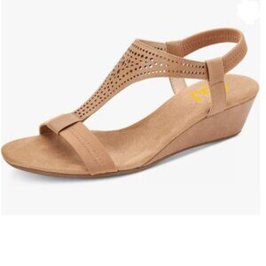 FSJ Light Brown Open Toe Low Wedge Heel T-Strap Comfy Ankle Strap Sandals